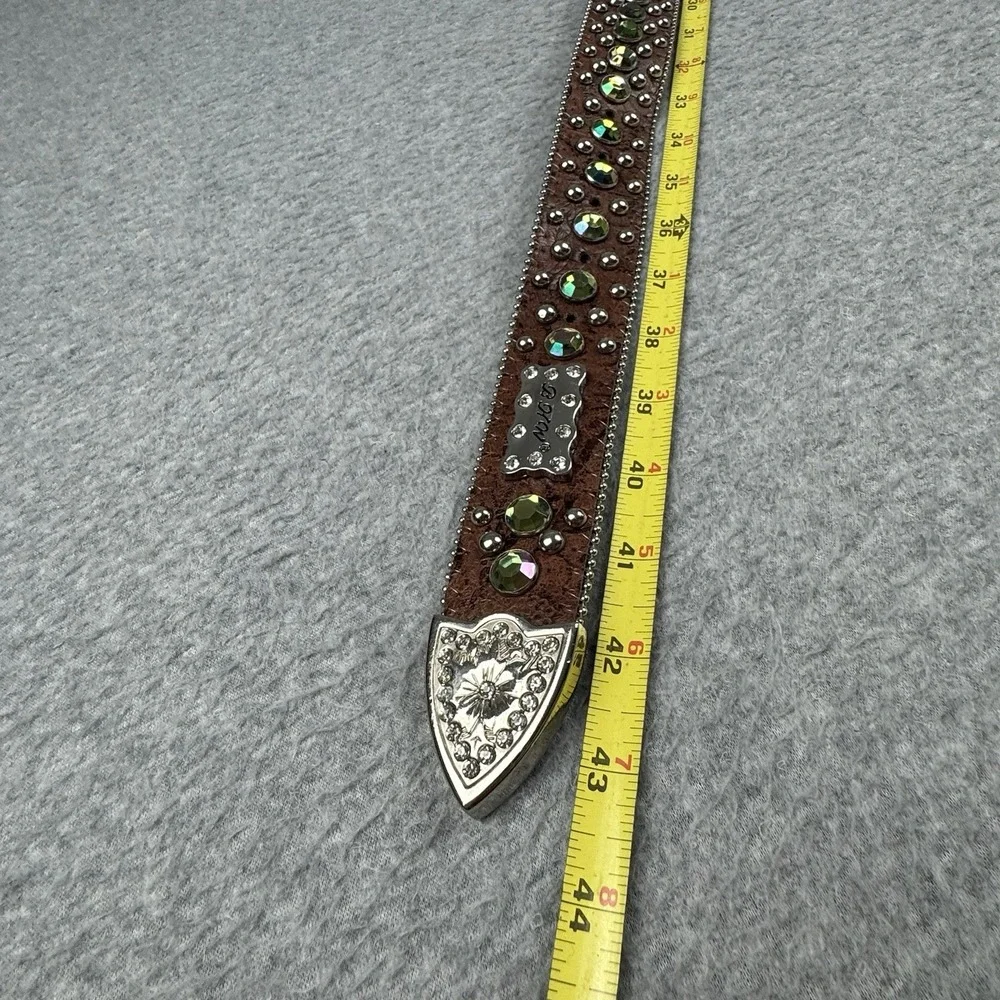 BHW Brown Leather Western Belt Womens Large Studded Iridescent Rhinestones Bling